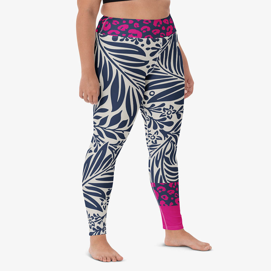 Floral Leggings “Palms & Pards” White/Blue/Fuchsia