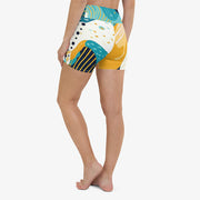 WAREHOUSE Printed Yoga Shorts "Seascape" Turquoise/Blue/Yellow