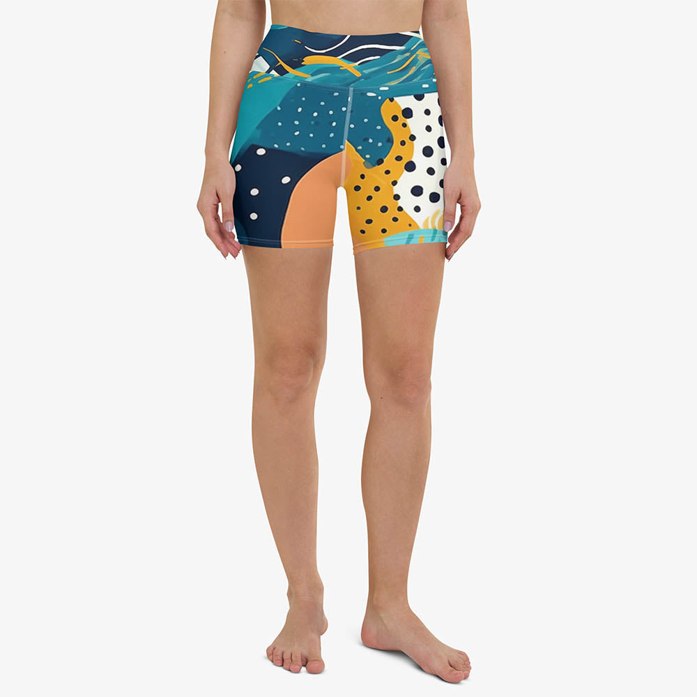 WAREHOUSE Printed Yoga Shorts "Seascape" Turquoise/Blue/Yellow