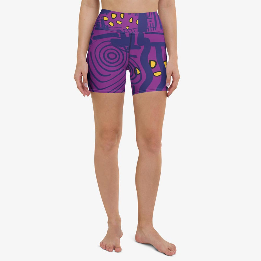 Printed Yoga Shorts "Electric Maze" Purple/Yellow