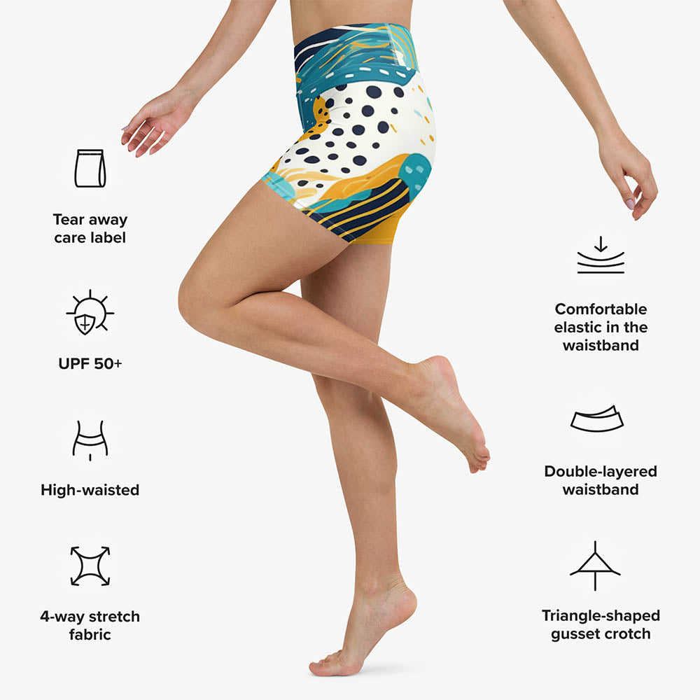 WAREHOUSE Printed Yoga Shorts "Seascape" Turquoise/Blue/Yellow