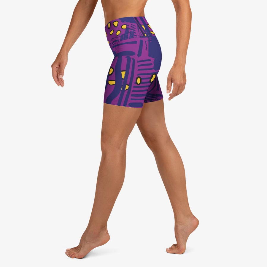 Printed Yoga Shorts "Electric Maze" Purple/Yellow