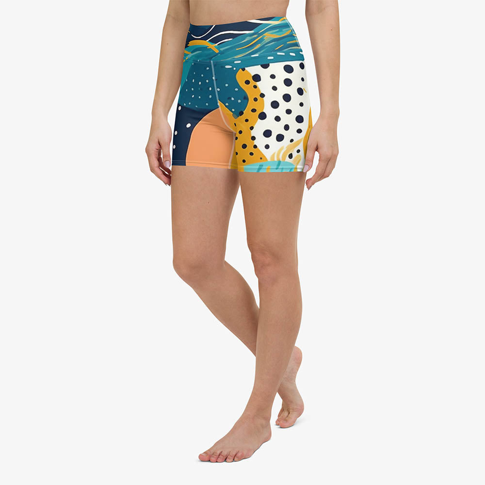 WAREHOUSE Printed Yoga Shorts "Seascape" Turquoise/Blue/Yellow