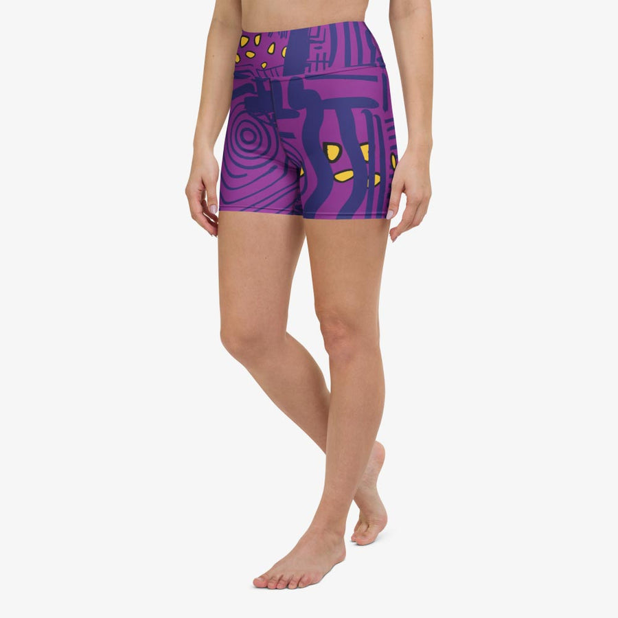 Printed Yoga Shorts "Electric Maze" Purple/Yellow