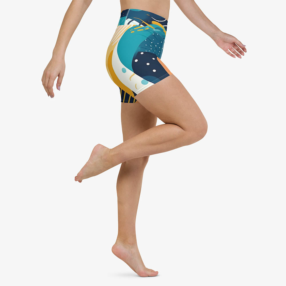 WAREHOUSE Printed Yoga Shorts "Seascape" Turquoise/Blue/Yellow
