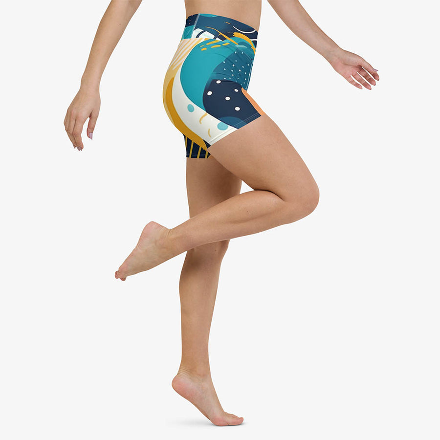Printed Yoga Shorts "Seascape" Turquoise/Blue/Yellow