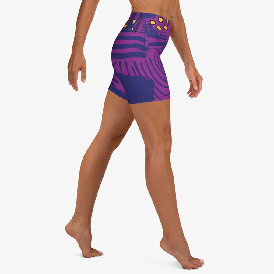 Printed Yoga Shorts "Electric Maze" Purple/Yellow