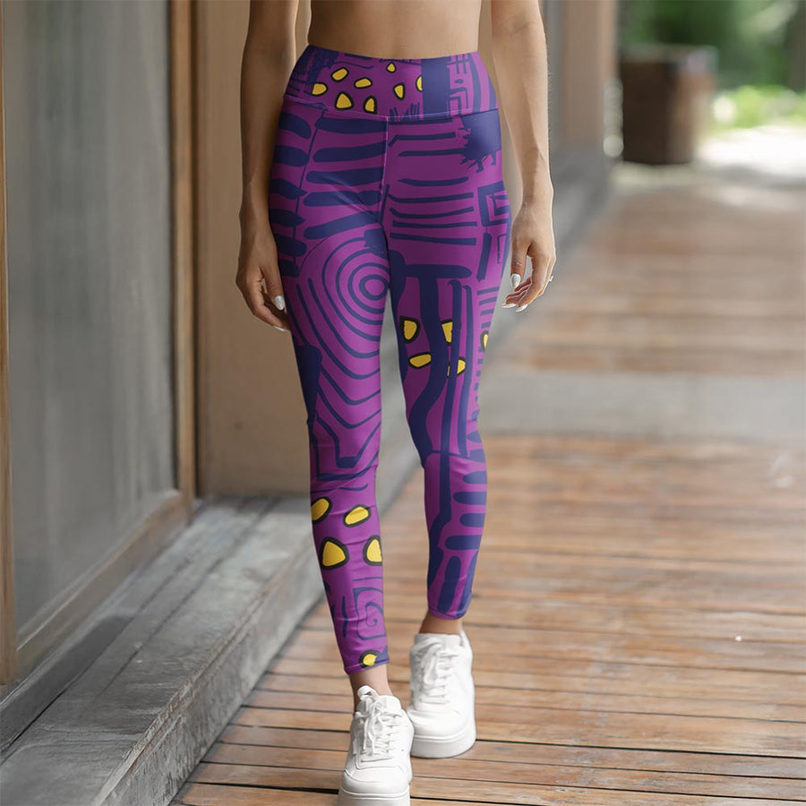 Printed Leggings "Electric Maze" Purple/Yellow