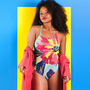 WAREHOUSE One-Piece Printed Swimsuit "Flower Splash" Red/Yellow/Blue