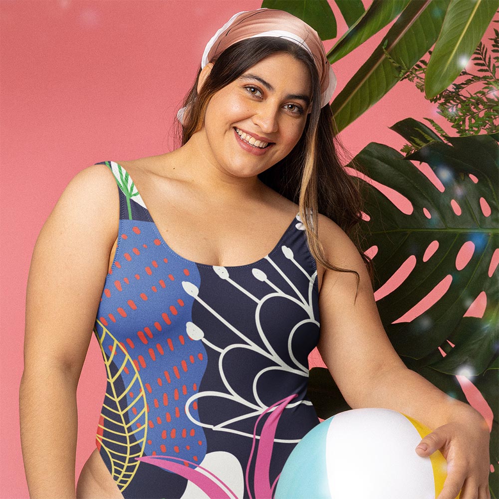 Fluid abstract swimsuit design with flowing colors.