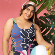 WAREHOUSE One-Piece Printed Swimsuit "Fluid Flowers" Blue/Yellow