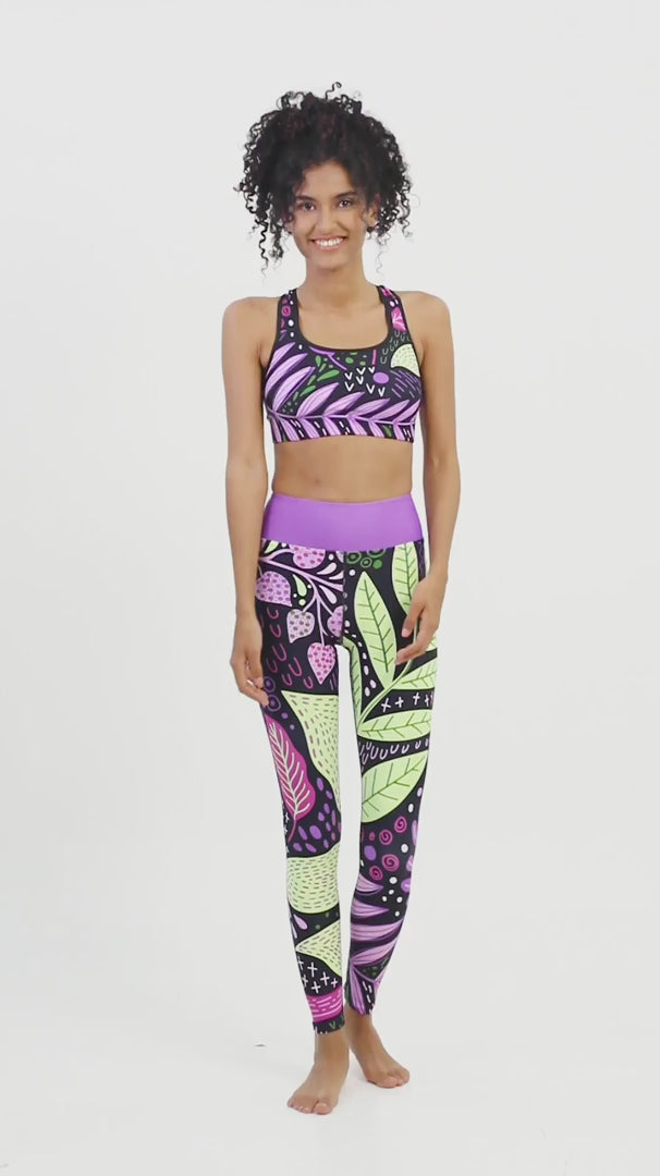 Floral Leggings "Fairy Forest" Purple/Lime