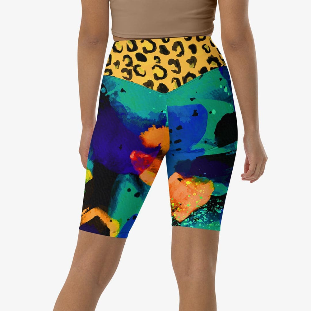 Back view of white biker shorts with abstract print.