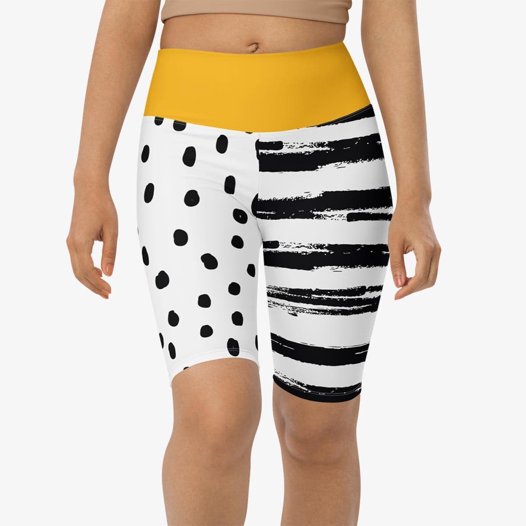 Front view of white biker shorts with abstract print.
