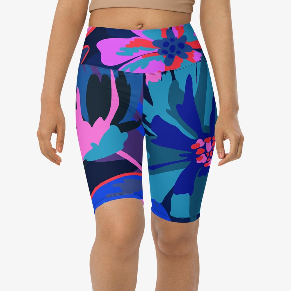 Front view of white biker shorts with abstract print.