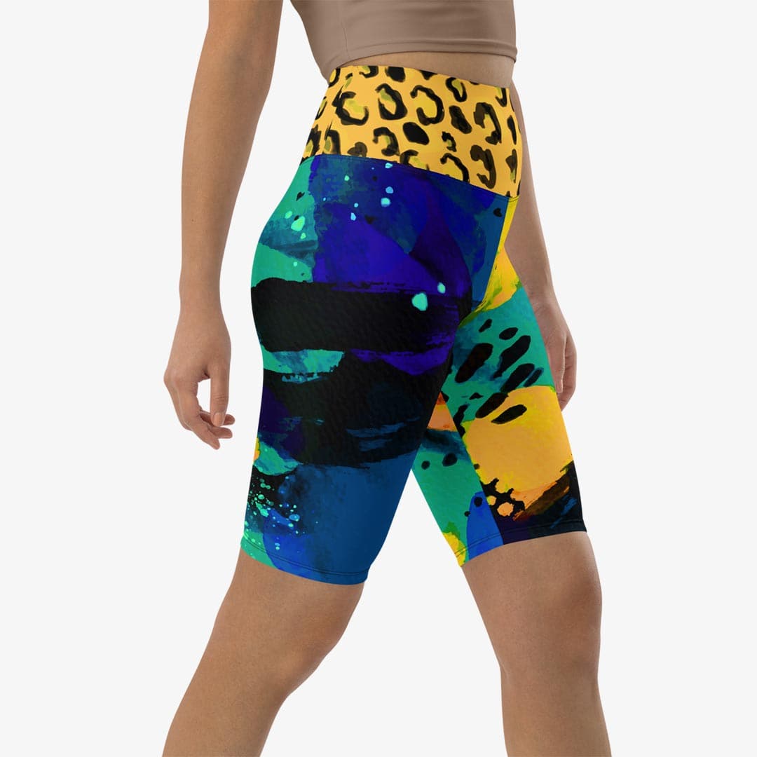 Right front view of white biker shorts with abstract print.