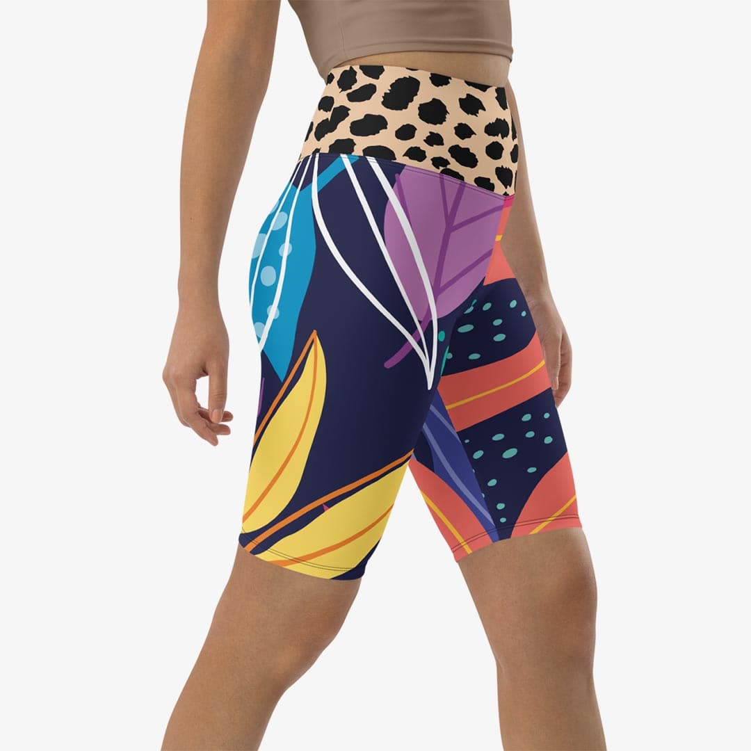 Right front view of white biker shorts with abstract print.