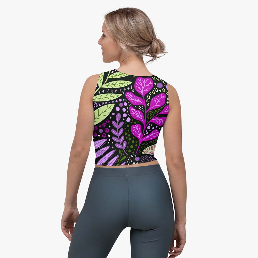 Back view of white crop top with abstract print.