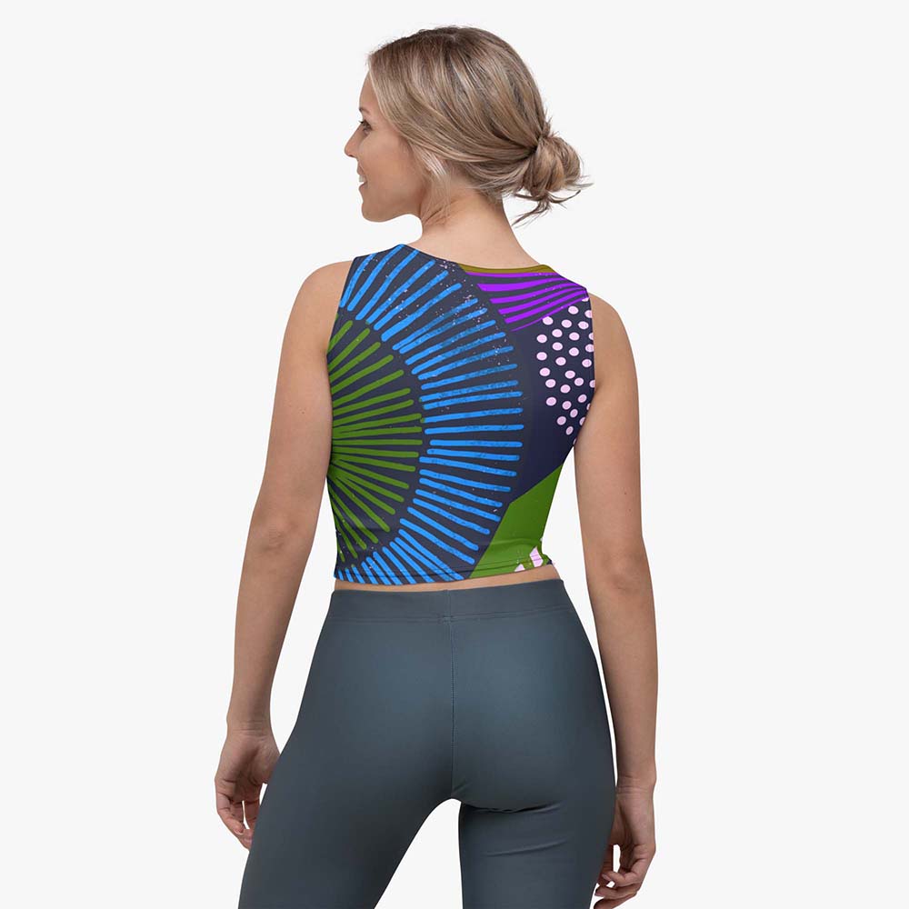 Back view of a white crop top with abstract print.