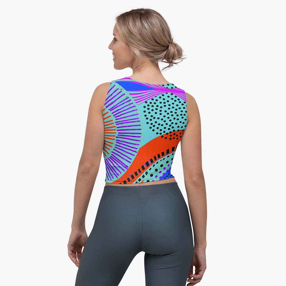 Back view of white crop top with abstract print.