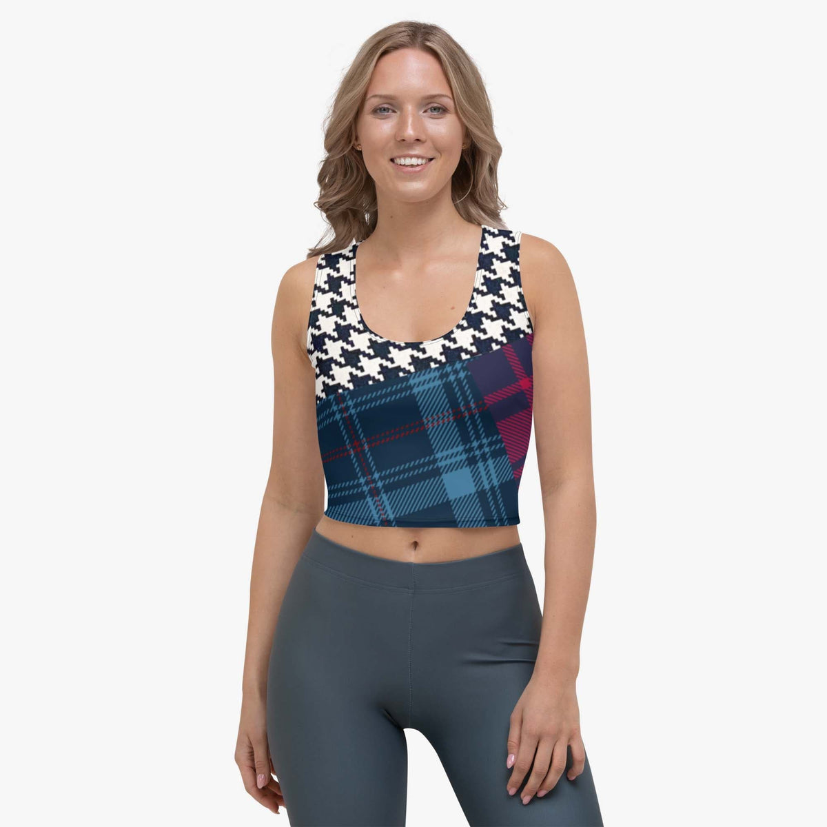 Crop top with red and blue patch work design