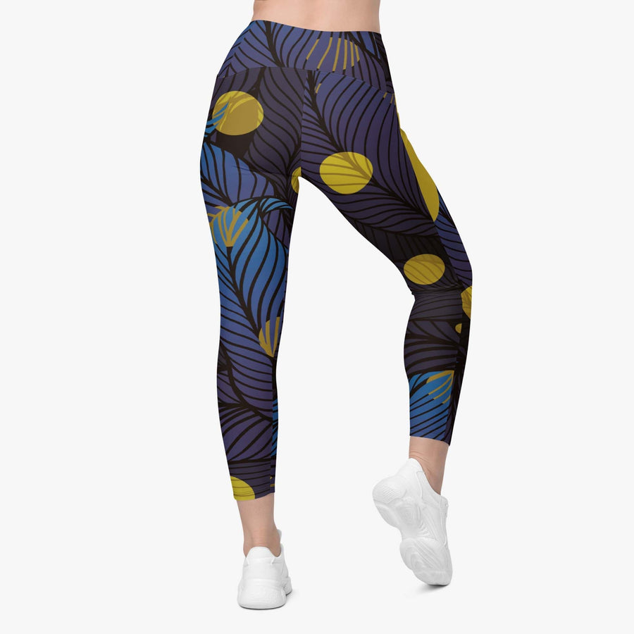 Recycled Floral Leggings "Fireflies" Blue/Yellow with Pockets