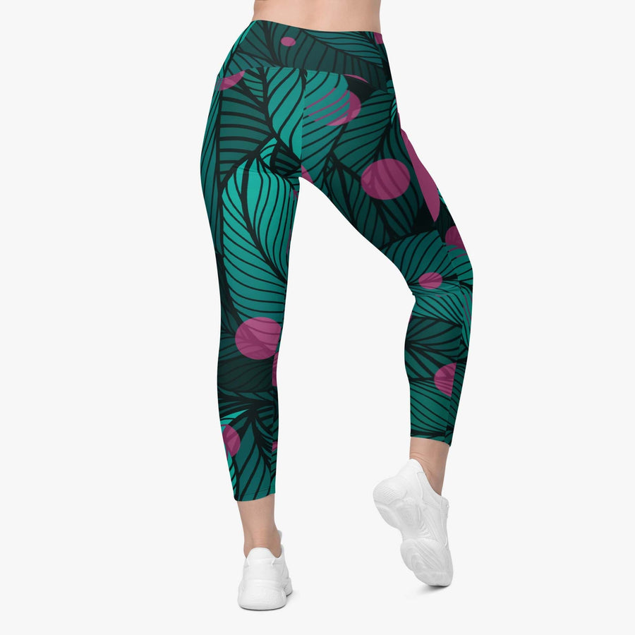 Recycled Floral Leggings "Fireflies" Green/Pink with Pockets