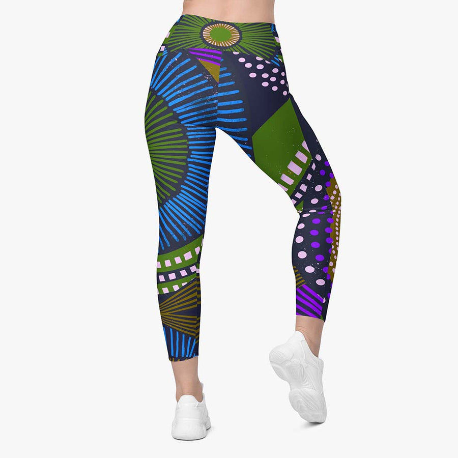 Recycled Printed Leggings "Ethno Pop" Blue/Green with pockets