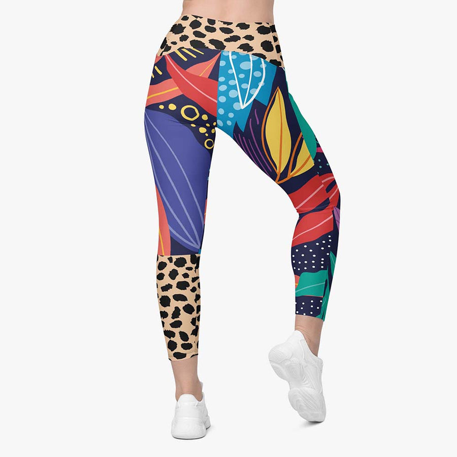 Recycled Animal Printed Leggings "Animal Leaves" Blue/Orange/Green with Pockets