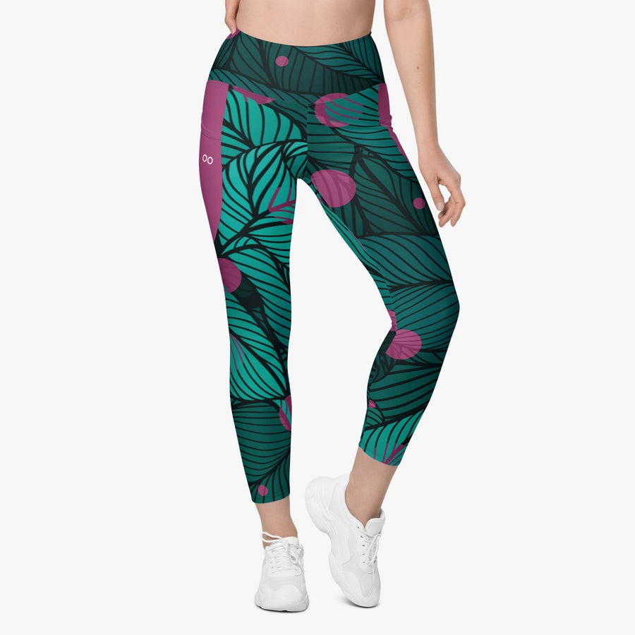 Floral Leggings "Fireflies" Green/Pink with Pockets