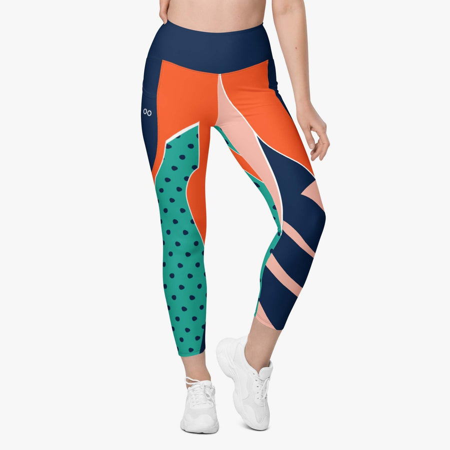 Recycled Patterned Leggings "Collage" Orange/Teal with Pockets