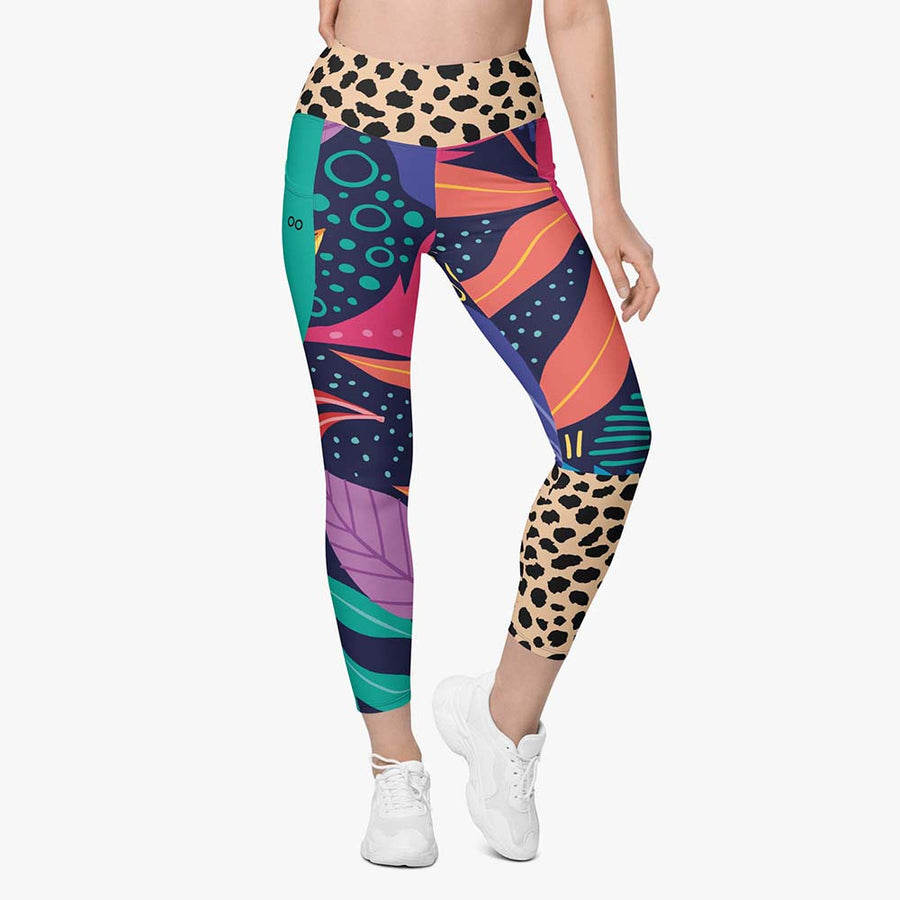 Recycled Animal Printed Leggings "Animal Leaves" Blue/Orange/Green with Pockets