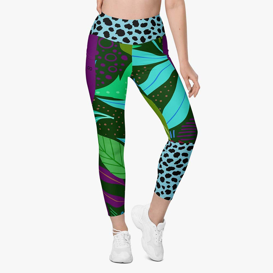 Recycled Animal Printed Leggings "Animal Leaves" Green/Powder Blue with Pockets