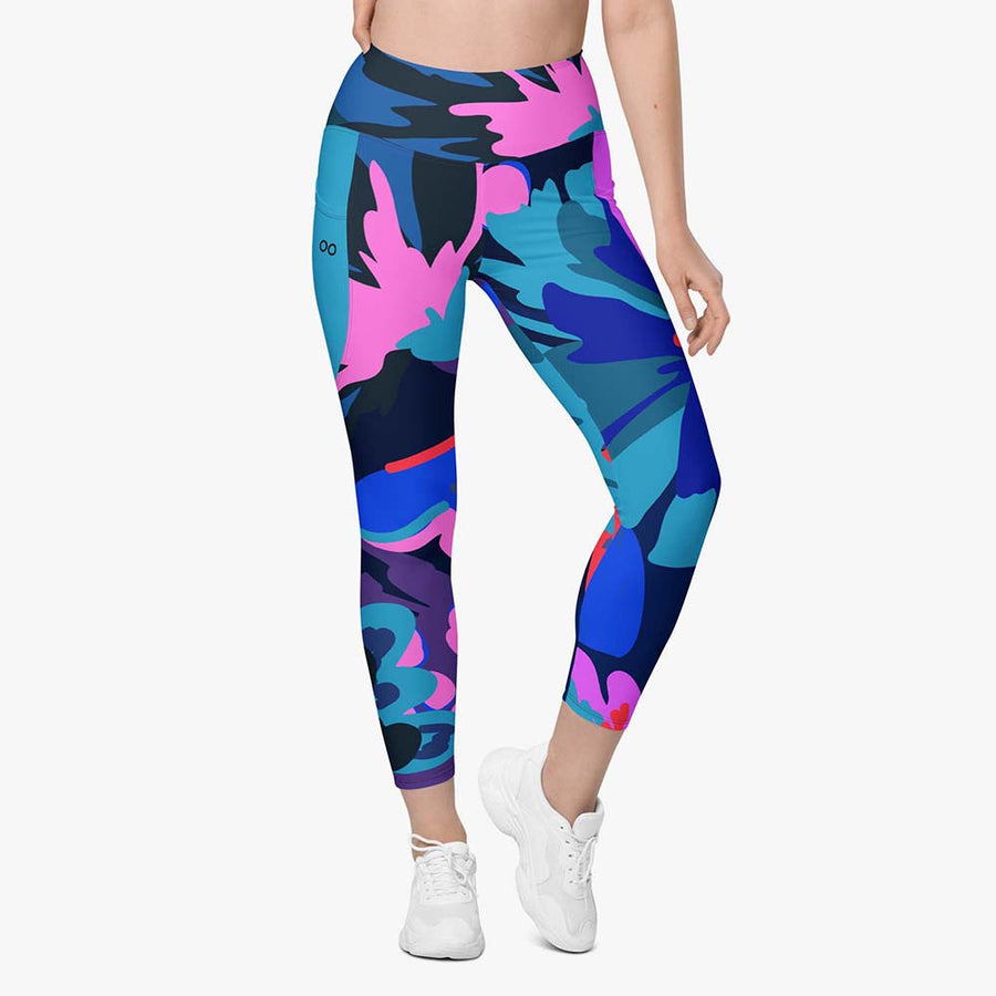 Recycled Floral Leggings "Flower Splash" Blue/Fuchsia with pockets