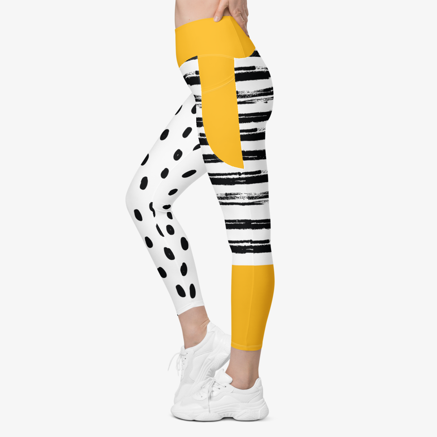 Recycled Printed Leggings "Dots&Stripes" Yellow with pockets