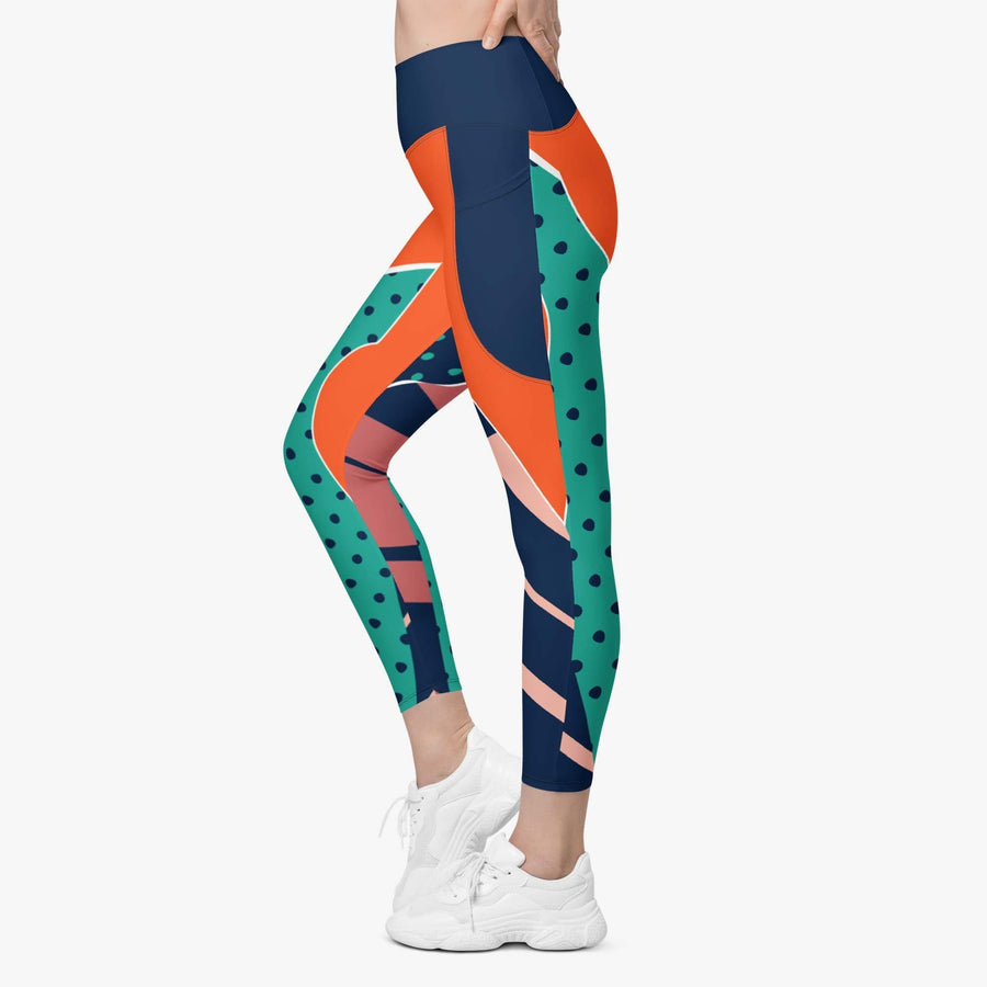 Patterned Leggings "Collage" Orange/Teal with Pockets