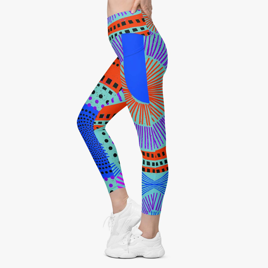 Printed Leggings "Ethno Pop" Turquoise/Red with pockets