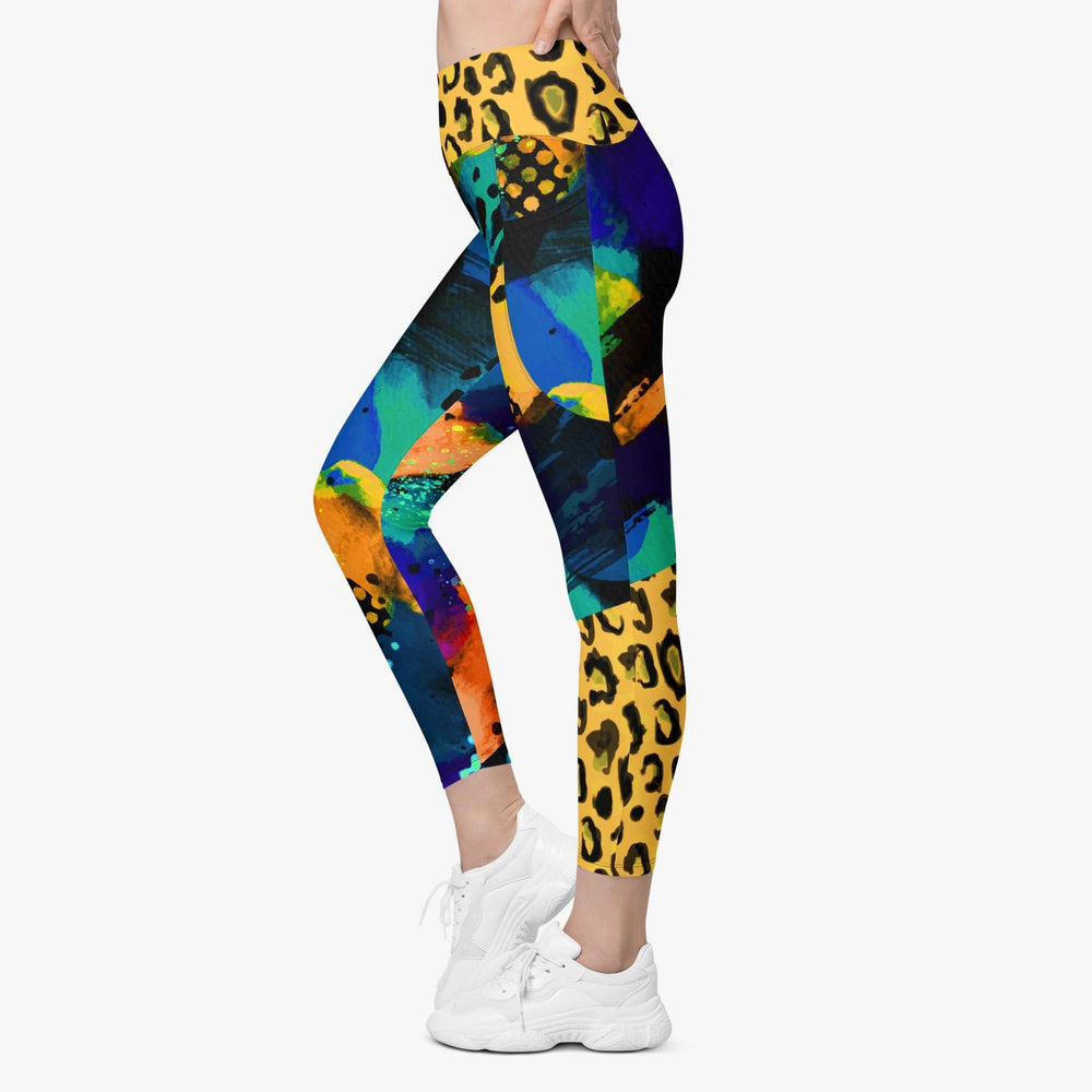 WAREHOUSE Animal Printed Leggings "Wild Canvas" Blue/Yellow with pockets