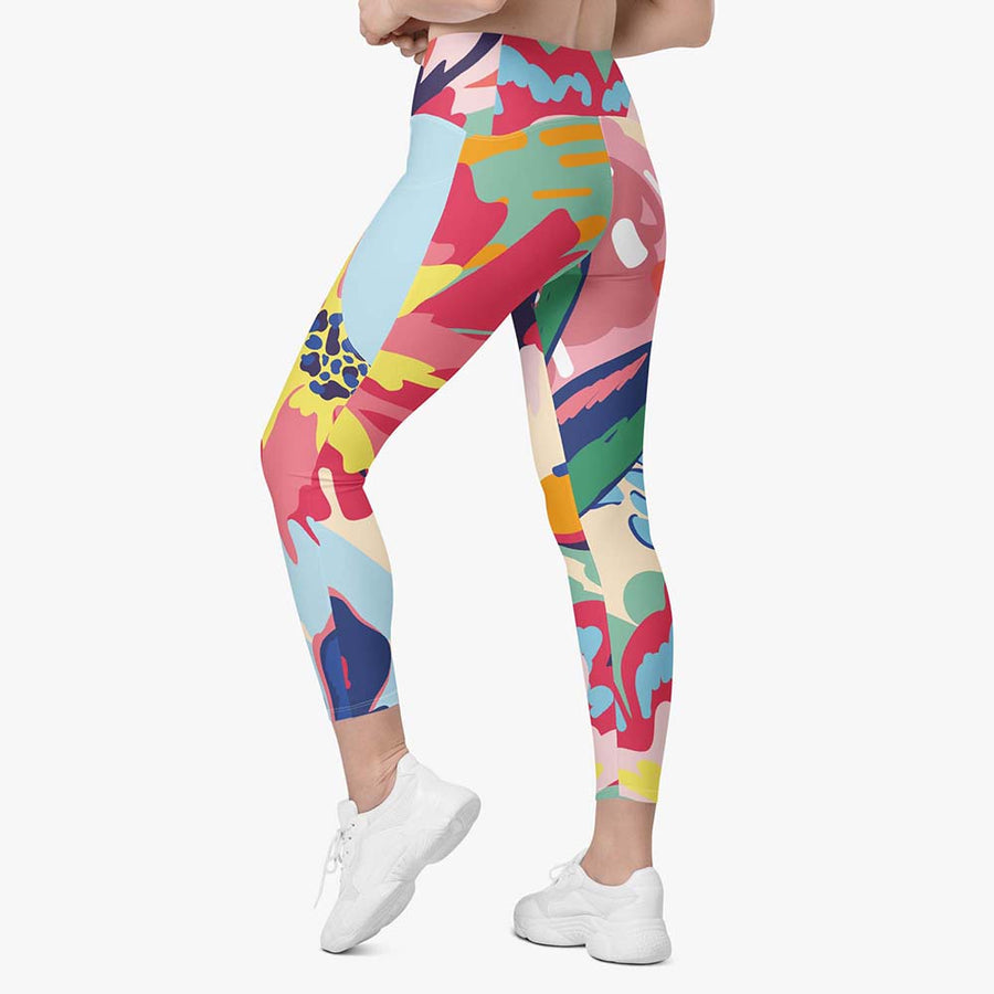 Recycled Floral Leggings "Flower Splash" Red/Yellow/Blue with pockets