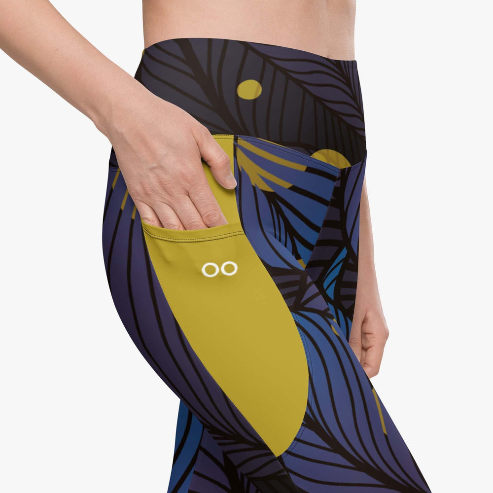 WAREHOUSE Recycled Floral Leggings "Fireflies" Blue/Yellow with Pockets