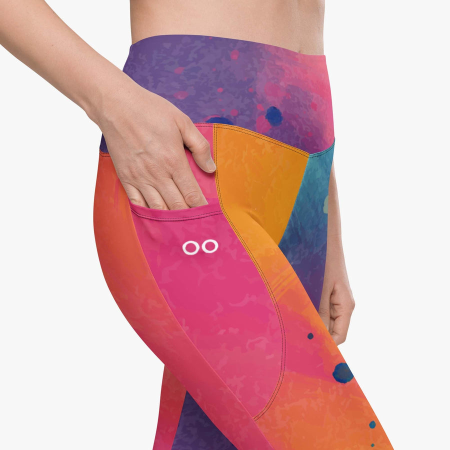 Recycled Printed Leggings "Cosmic Splash" with pockets Orange/Purple/Pink