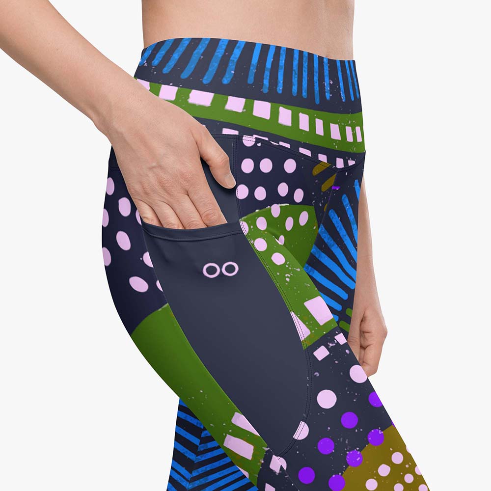 Product details of white leggings with pockets and abstract print.