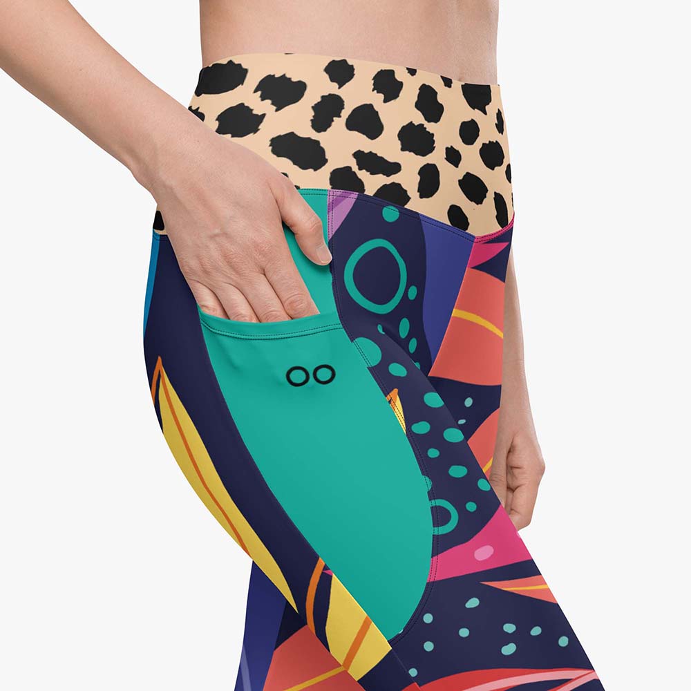 Product details of white leggings with pockets and abstract print.