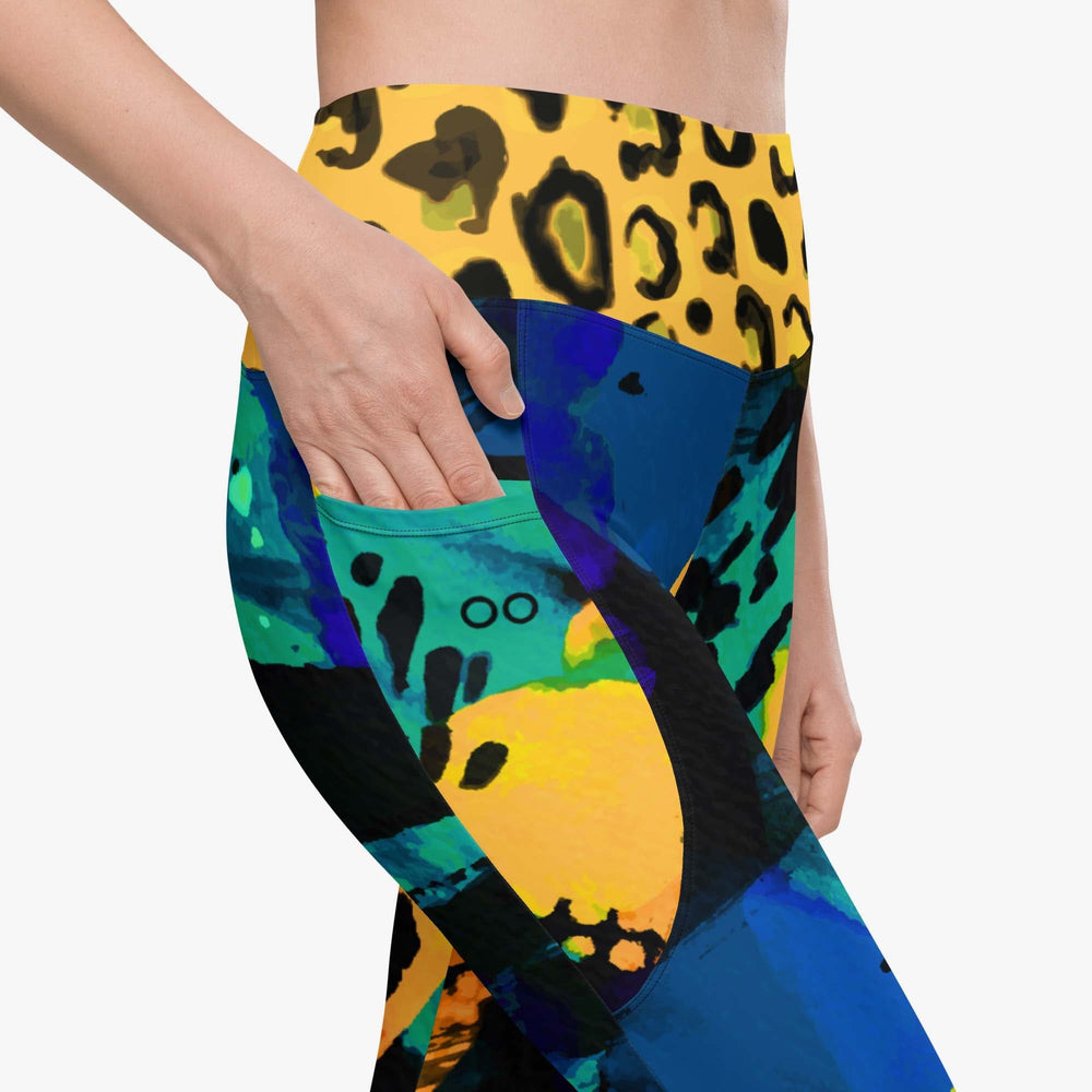 Product details of white leggings with pockets and abstract print.