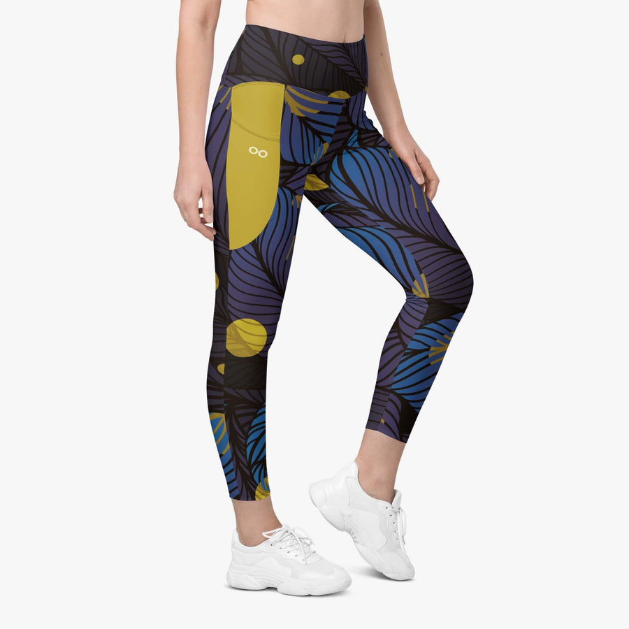 Recycled Floral Leggings "Fireflies" Blue/Yellow with Pockets