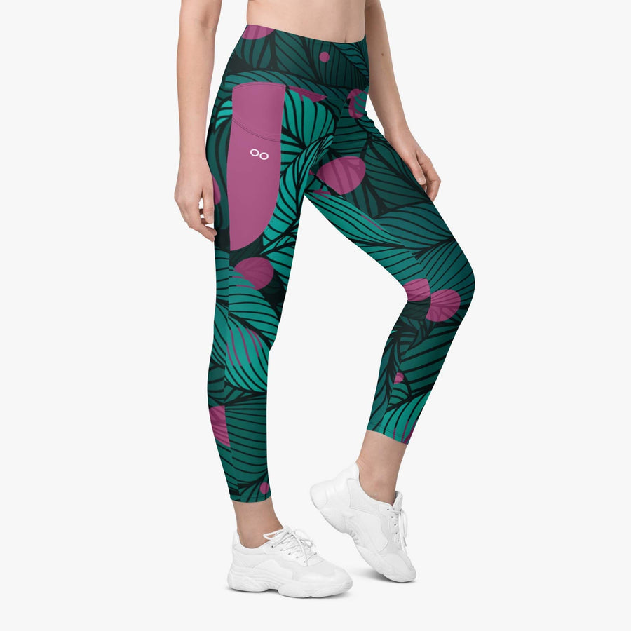Recycled Floral Leggings "Fireflies" Green/Pink with Pockets