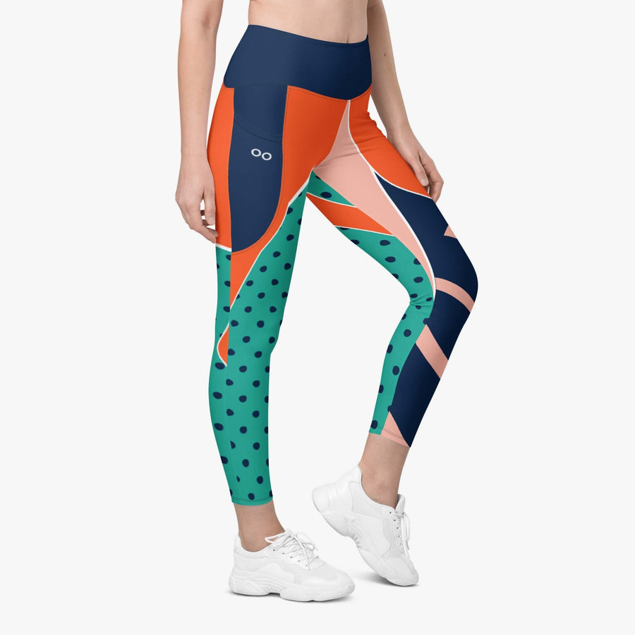 Recycled Patterned Leggings "Collage" Orange/Teal with Pockets