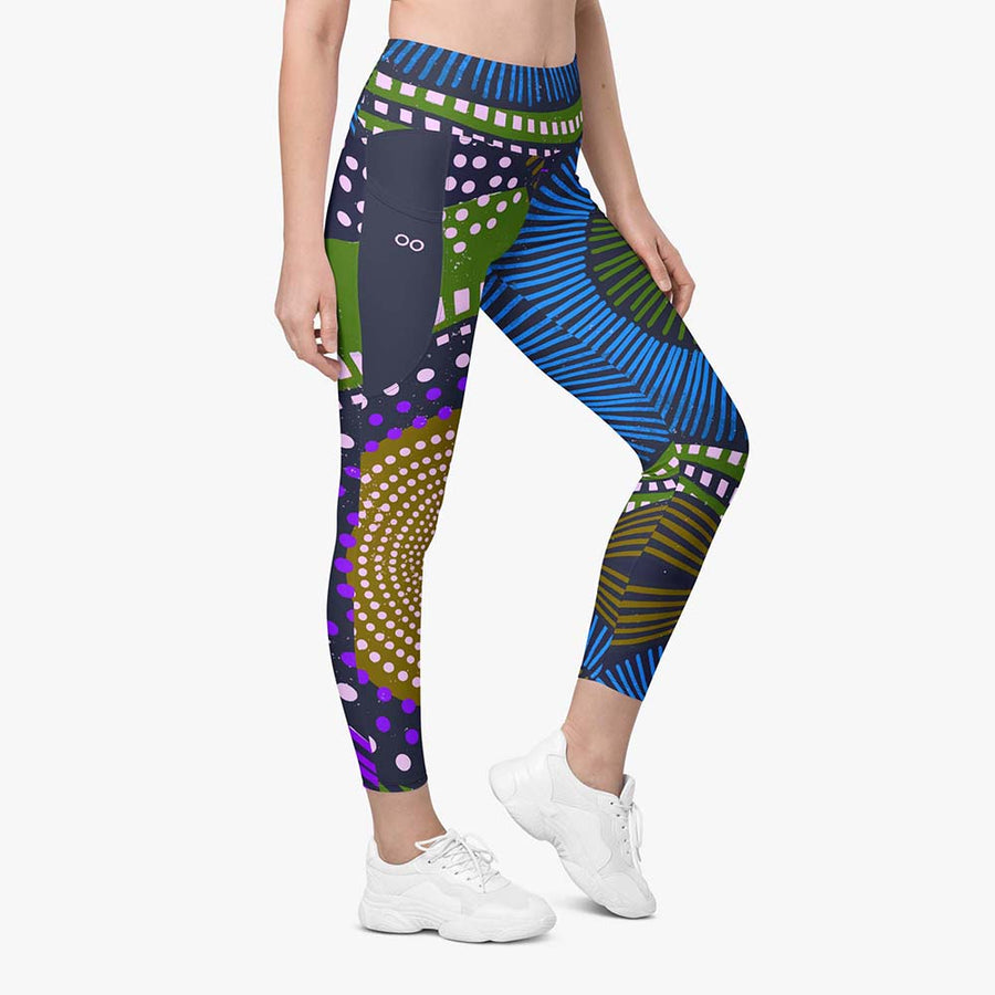 Recycled Printed Leggings "Ethno Pop" Blue/Green with pockets