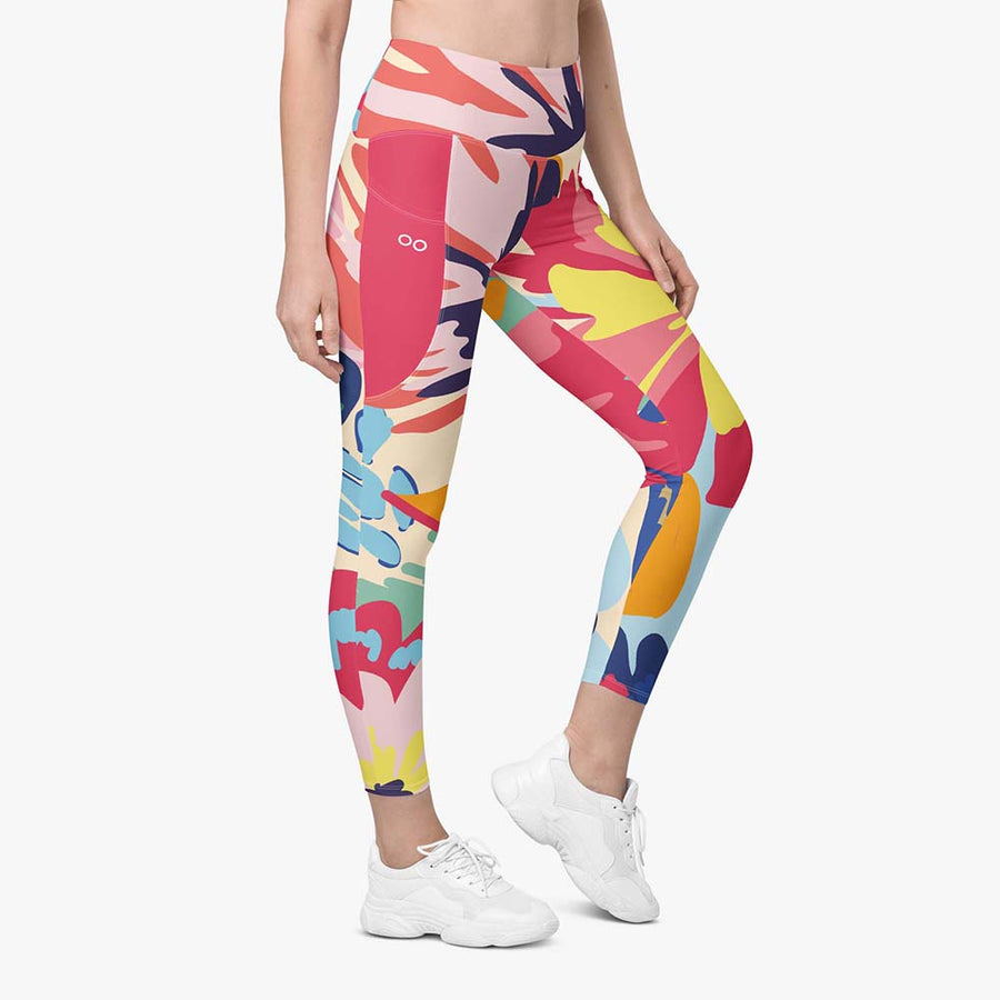 Recycled Floral Leggings "Flower Splash" Red/Yellow/Blue with pockets