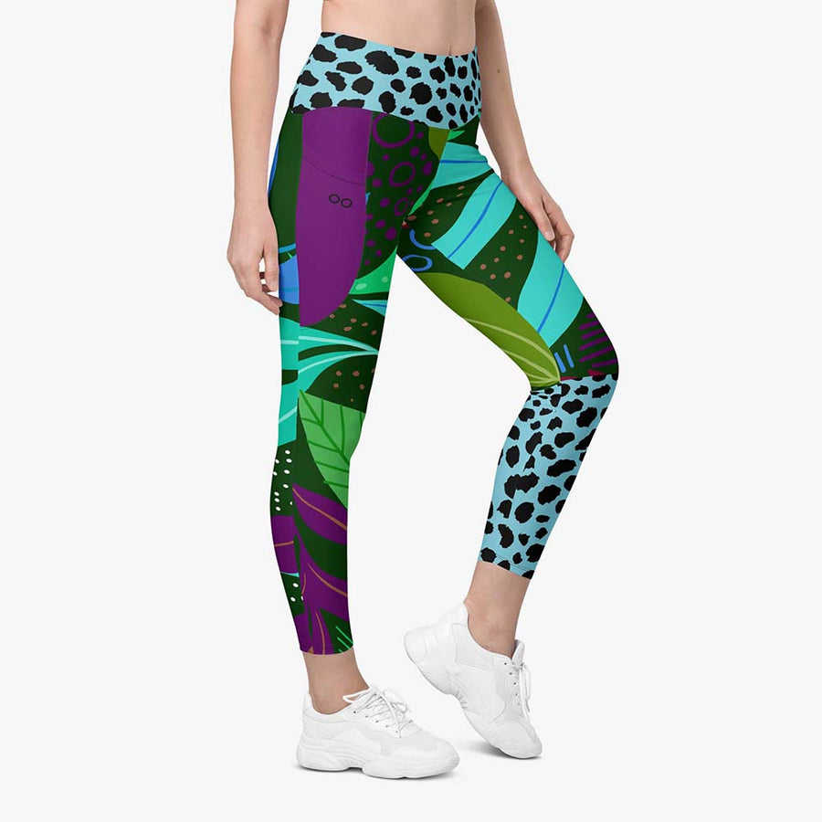 Recycled Animal Printed Leggings "Animal Leaves" Green/Powder Blue with Pockets